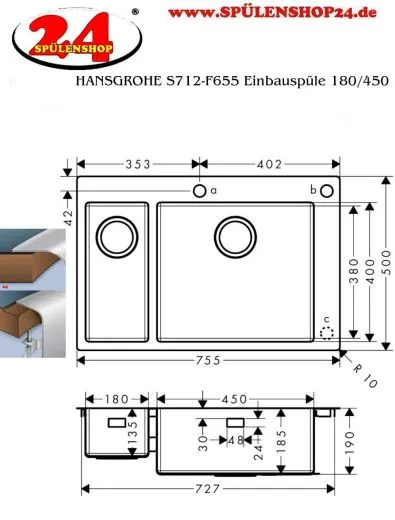 HANSGROHE Kchensple S712-F655 Einbausple 180/450 Edelstahlsple Flachrand Siebkorb als Drehknopfventil