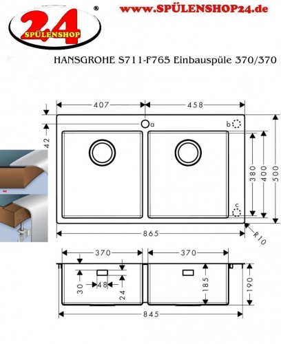 HANSGROHE Kchensple S711-F765 Einbausple 370/370 Edelstahlsple Flachrand Siebkorb als Stopfenventil