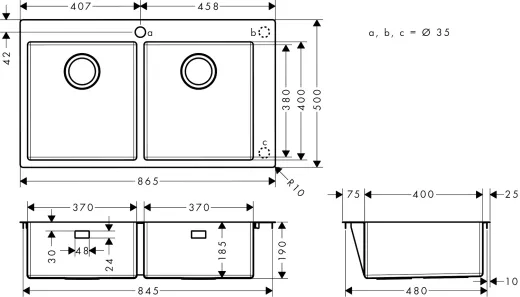 HANSGROHE Kchensple S711-F765 Einbausple 370/370 Edelstahlsple Flachrand Siebkorb als Stopfenventil