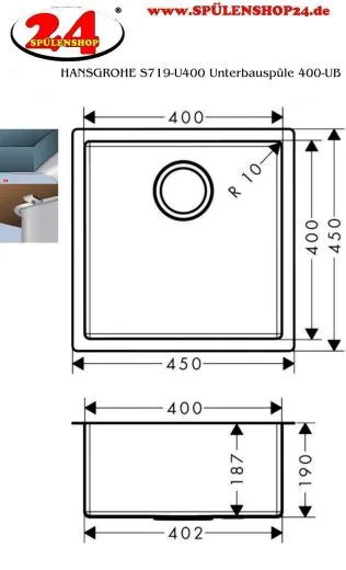 HANSGROHE Kchensple S719-U400 Edelstahlsple 400 3 in 1 (Einbau, Unterbau, Flchenbndig) mit Siebkorb als Stopfen- oder Drehknopfventil