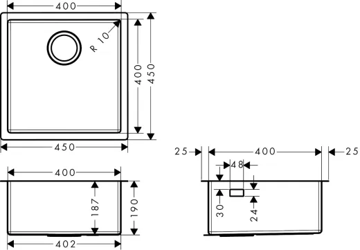 HANSGROHE Kchensple S719-U400 Edelstahlsple 400 3 in 1 (Einbau, Unterbau, Flchenbndig) mit Siebkorb als Stopfen- oder Drehknopfventil