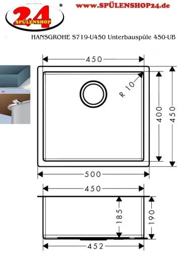 HANSGROHE Kchensple S719-U450 Edelstahlsple 450 3 in 1 (Einbau, Unterbau, Flchenbndig) mit Siebkorb als Stopfen- oder Drehknopfventil