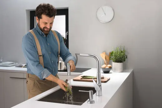 HANSGROHE Kchensple S719-U450 Edelstahlsple 450 3 in 1 (Einbau, Unterbau, Flchenbndig) mit Siebkorb als Stopfen- oder Drehknopfventil