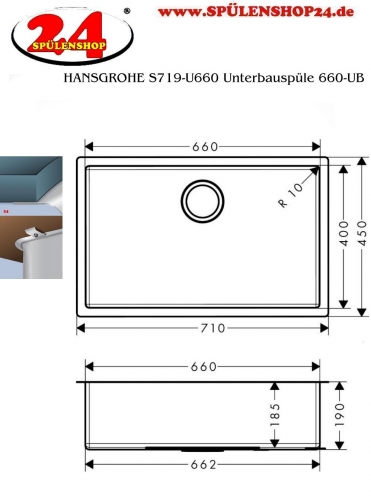 HANSGROHE Kchensple S719-U660 Edelstahlsple 660 3 in 1 (Einbau, Unterbau, Flchenbndig) mit Siebkorb als Stopfen- oder Drehknopfventil