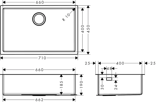 HANSGROHE Kchensple S719-U660 Edelstahlsple 660 3 in 1 (Einbau, Unterbau, Flchenbndig) mit Siebkorb als Stopfen- oder Drehknopfventil