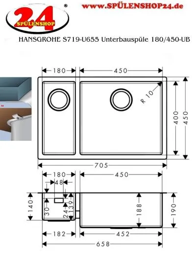 HANSGROHE Kchensple S719-U655 Edelstahlsple 180/450 3 in 1 (Einbau, Unterbau, Flchenbndig) mit Siebkorb als Stopfen- oder Drehknopfventil