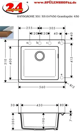 HANSGROHE Kchensple S51 S510-F450 SilicaTec Granitsple 450 Einbausple in 3 Farben mit Siebkorb als Stopfen- oder Drehknopfventil