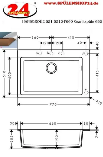HANSGROHE Kchensple S51 S510-F660 SilicaTec Granitsple 660 Einbausple in 3 Farben mit Siebkorb als Stopfen- oder Drehknopfventil