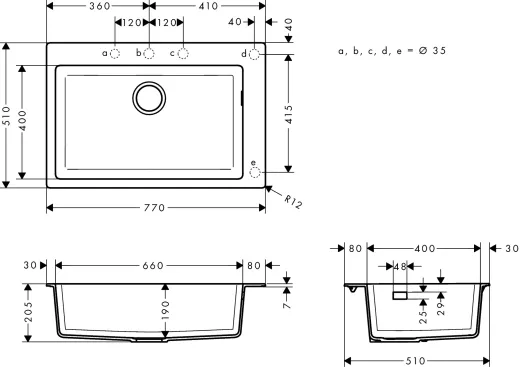 HANSGROHE Kchensple S51 S510-F660 SilicaTec Granitsple 660 Einbausple in 3 Farben mit Siebkorb als Stopfen- oder Drehknopfventil