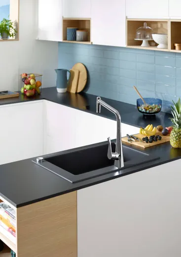 HANSGROHE Kchensple S51 S510-F660 SilicaTec Granitsple 660 Einbausple in 3 Farben mit Siebkorb als Stopfen- oder Drehknopfventil