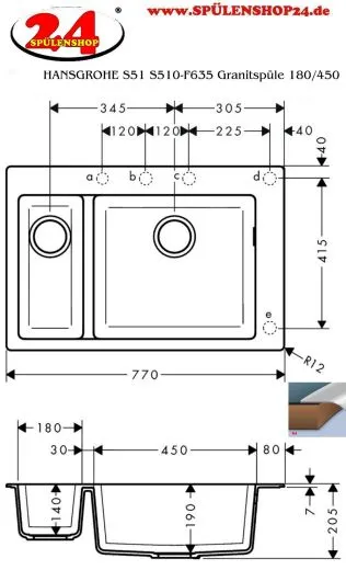 HANSGROHE Kchensple S51 S510-F635 SilicaTec Granitsple 180/450 Einbausple in 3 Farben mit Siebkorb als Stopfen- oder Drehknopfventil