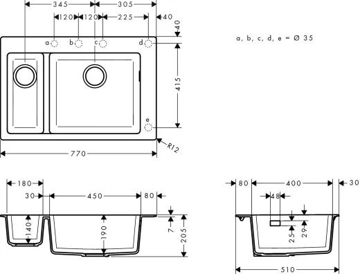 HANSGROHE Kchensple S51 S510-F635 SilicaTec Granitsple 180/450 Einbausple in 3 Farben mit Siebkorb als Stopfen- oder Drehknopfventil
