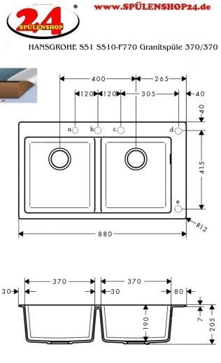 HANSGROHE Kchensple S51 S510-F770 SilicaTec Granitsple 370/370 Einbausple in 3 Farben mit Siebkorb als Stopfen- oder Drehknopfventil