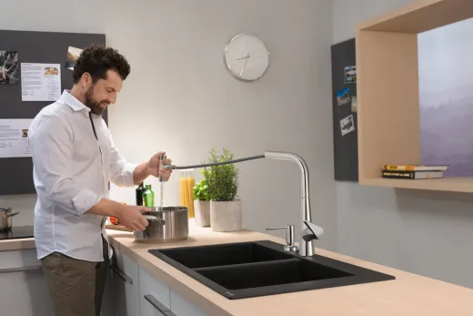 HANSGROHE Kchensple S51 S510-F770 SilicaTec Granitsple 370/370 Einbausple in 3 Farben mit Siebkorb als Stopfen- oder Drehknopfventil