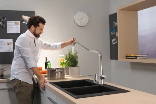 HANSGROHE Kchensple S51 S510-F770 SilicaTec Granitsple 370/370 Einbausple in 3 Farben mit Siebkorb als Stopfen- oder Drehknopfventil