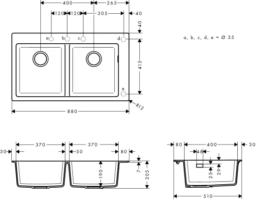 HANSGROHE Kchensple S51 S510-F770 SilicaTec Granitsple 370/370 Einbausple in 3 Farben mit Siebkorb als Stopfen- oder Drehknopfventil