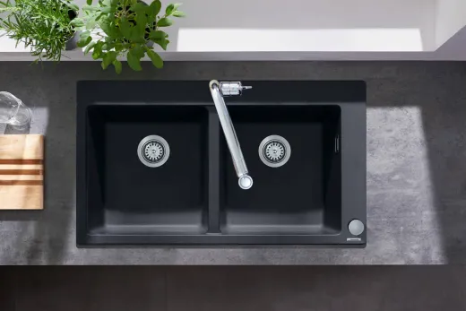 HANSGROHE Kchensple S51 S510-F770 SilicaTec Granitsple 370/370 Einbausple in 3 Farben mit Siebkorb als Stopfen- oder Drehknopfventil