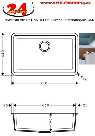 HANSGROHE Kchensple S51 S510-U660 SilicaTec Granit-Unterbausple 660 in 3 Farben mit Siebkorb als Stopfen- oder Drehknopfventil