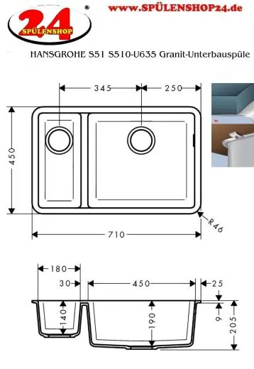 HANSGROHE Kchensple S51 S510-U635 SilicaTec Granit-Unterbausple 180/450 in 3 Farben mit Siebkorb als Stopfen- oder Drehknopfventil