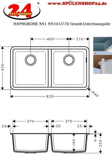 HANSGROHE Kchensple S51 S510-U770 SilicaTec Granit-Unterbausple 370/370 in 3 Farben mit Siebkorb als Stopfen- oder Drehknopfventil