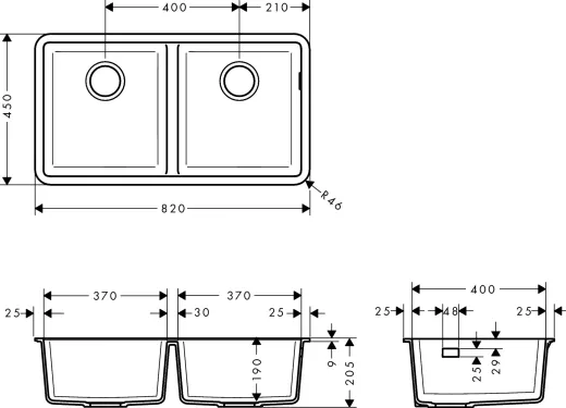 HANSGROHE Kchensple S51 S510-U770 SilicaTec Granit-Unterbausple 370/370 in 3 Farben mit Siebkorb als Stopfen- oder Drehknopfventil