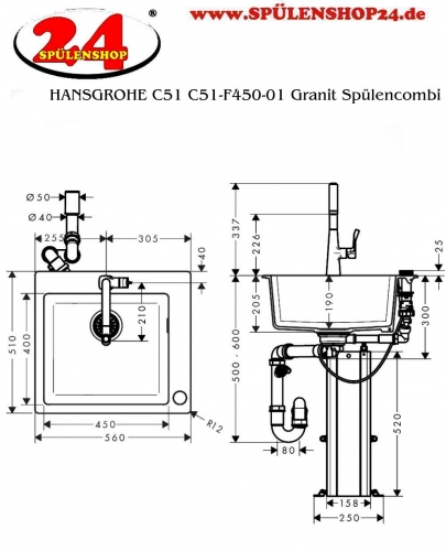 HANSGROHE Spülenset C51 C51-F450-01 SilicaTec Granit Spülencombi 450 Select inkl. S51 S510-F450 Einbauspüle 450 und METRIS 2-Loch Küchenmischer (43212000)