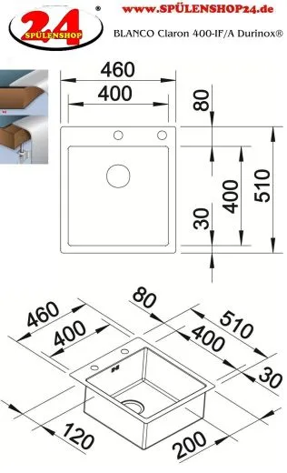 BLANCO Kchensple Claron 400-IF/A Durinox Edelstahlsple Flachrand mit Ablaufsystem InFino und PushControl