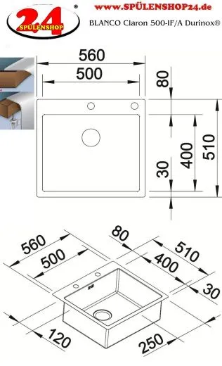 BLANCO Kchensple Claron 500-IF/A Durinox Edelstahlsple Flachrand mit Ablaufsystem InFino und PushControl