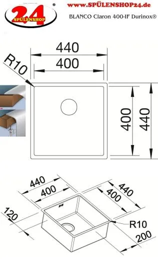 BLANCO Kchensple Claron 400-IF Durinox Edelstahlsple Flachrand mit Ablaufsystem InFino und Handbettigung
