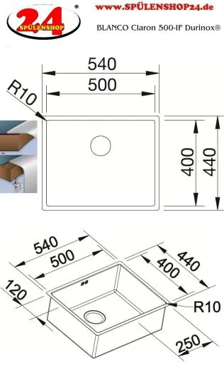 BLANCO Kchensple Claron 500-IF Durinox Edelstahlsple Flachrand mit Ablaufsystem InFino und Handbettigung