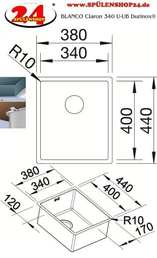 BLANCO Kchensple Claron 340 U Durinox Edelstahlsple / Unerbausple mit Ablaufsystem InFino und Handbettigung