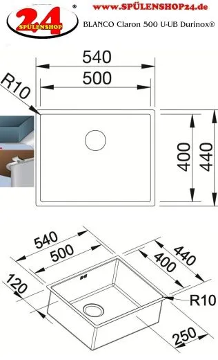 BLANCO Kchensple Claron 500-U Durinox Edelstahlsple / Unterbausple mit Ablaufsystem InFino und Handbettigung