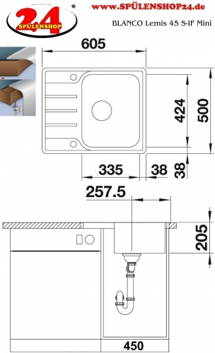BLANCO Kchensple Lemis 45 S-IF Mini Edelstahlsple / Einbausple Flachrand mit Siebkorb als Drehknopfventil