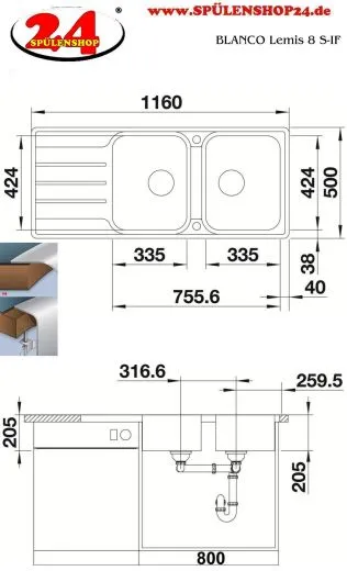 BLANCO Kchensple Lemis 8 S-IF Edelstahlsple / Einbausple Flachrand mit Siebkorb als Drehknopfventil