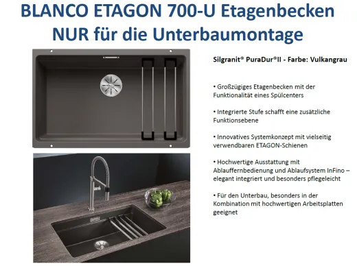 BLANCO Kchensple Etagon 700-U Silgranit PuraDurII Granitsple / Unterbaubecken Ablaufsystem InFino mit Handbettigung