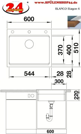 BLANCO Kchensple Etagon 6 Silgranit PuraDurII Granitsple / Einbausple Ablaufsystem InFino mit Zugknopfventil