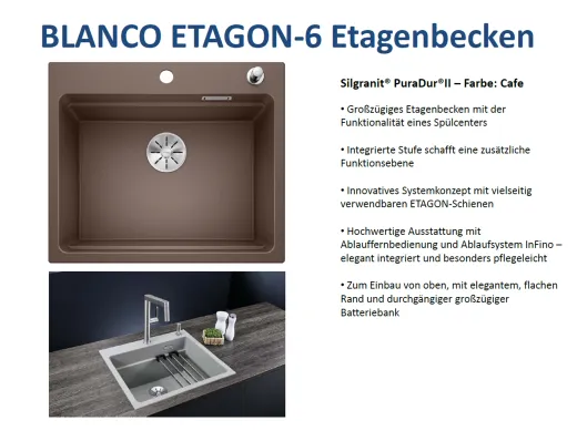 BLANCO Kchensple Etagon 6 Silgranit PuraDurII Granitsple / Einbausple Ablaufsystem InFino mit Zugknopfventil