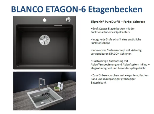 BLANCO Kchensple Etagon 6 Silgranit PuraDurII Granitsple / Einbausple Ablaufsystem InFino mit Zugknopfventil