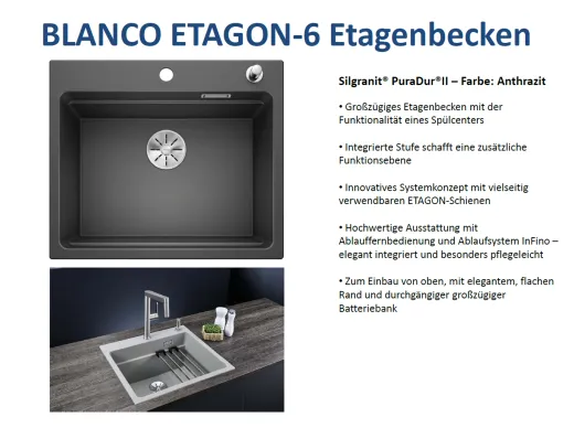 BLANCO Kchensple Etagon 6 Silgranit PuraDurII Granitsple / Einbausple Ablaufsystem InFino mit Zugknopfventil