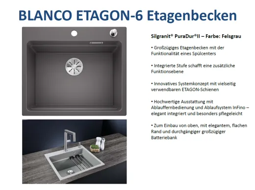 BLANCO Kchensple Etagon 6 Silgranit PuraDurII Granitsple / Einbausple Ablaufsystem InFino mit Zugknopfventil