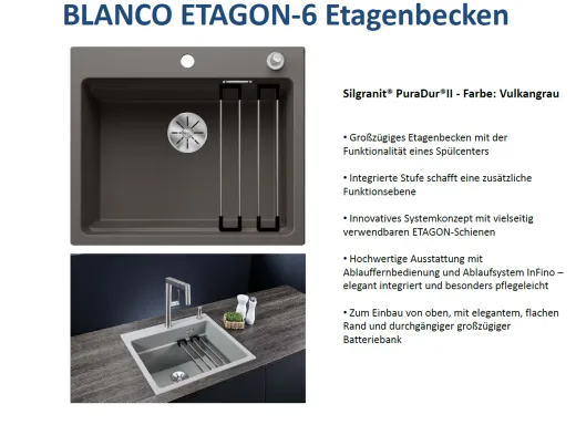 BLANCO Kchensple Etagon 6 Silgranit PuraDurII Granitsple / Einbausple Ablaufsystem InFino mit Zugknopfventil