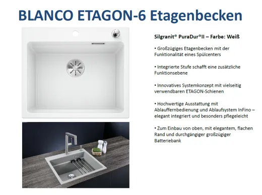 BLANCO Kchensple Etagon 6 Silgranit PuraDurII Granitsple / Einbausple Ablaufsystem InFino mit Zugknopfventil