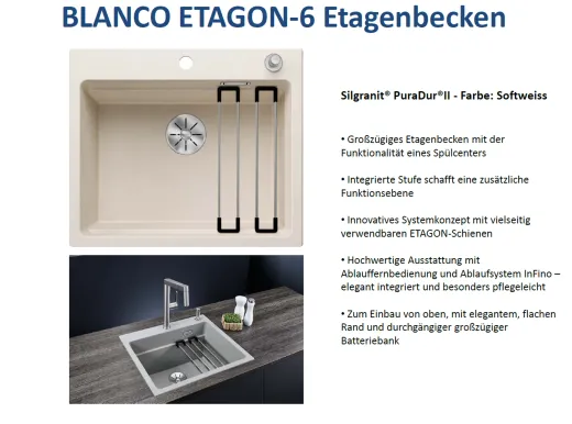 BLANCO Kchensple Etagon 6 Silgranit PuraDurII Granitsple / Einbausple Ablaufsystem InFino mit Zugknopfventil