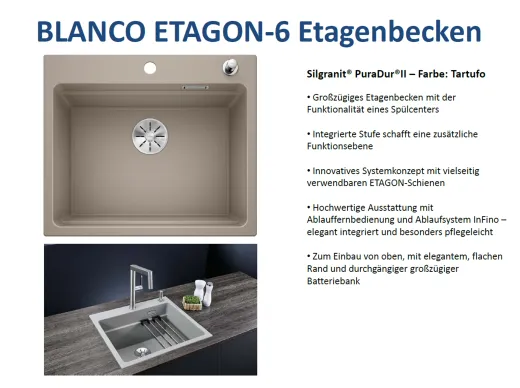 BLANCO Kchensple Etagon 6 Silgranit PuraDurII Granitsple / Einbausple Ablaufsystem InFino mit Zugknopfventil