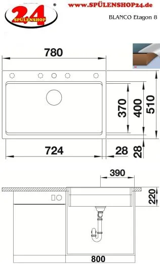 BLANCO Kchensple Etagon 8 Silgranit PuraDurII Granitsple / Einbausple Ablaufsystem InFino mit Zugknopfventil