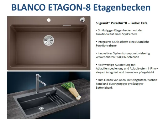 BLANCO Kchensple Etagon 8 Silgranit PuraDurII Granitsple / Einbausple Ablaufsystem InFino mit Zugknopfventil