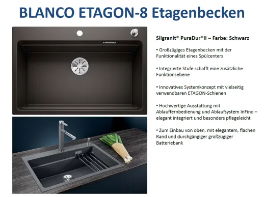 BLANCO Kchensple Etagon 8 Silgranit PuraDurII Granitsple / Einbausple Ablaufsystem InFino mit Zugknopfventil