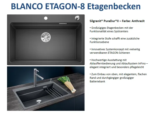 BLANCO Kchensple Etagon 8 Silgranit PuraDurII Granitsple / Einbausple Ablaufsystem InFino mit Zugknopfventil