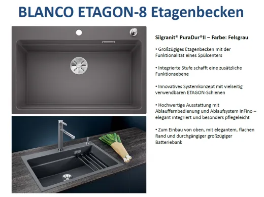 BLANCO Kchensple Etagon 8 Silgranit PuraDurII Granitsple / Einbausple Ablaufsystem InFino mit Zugknopfventil