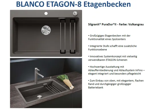 BLANCO Kchensple Etagon 8 Silgranit PuraDurII Granitsple / Einbausple Ablaufsystem InFino mit Zugknopfventil